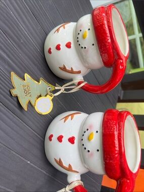 Festive Snowman Ceramic Mugs (2) with Red Handle - Holiday Home